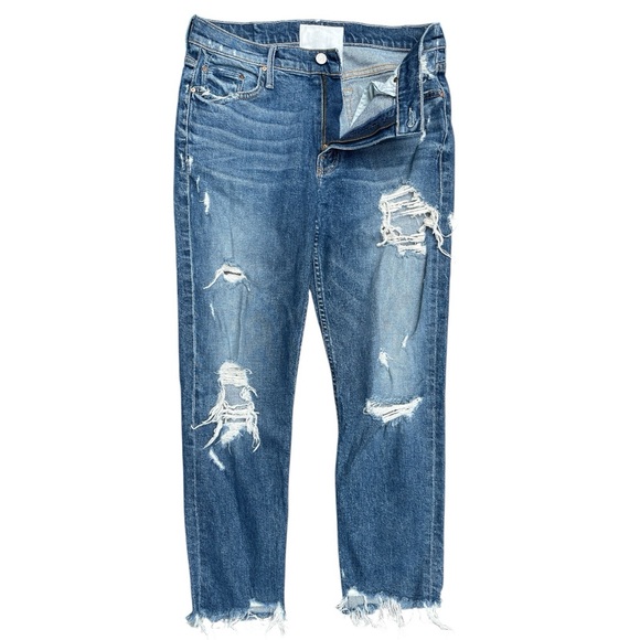 MOTHER SZ 27 blue destroyed Sinner straight leg high rise frayed stretch jeans - Picture 2 of 12